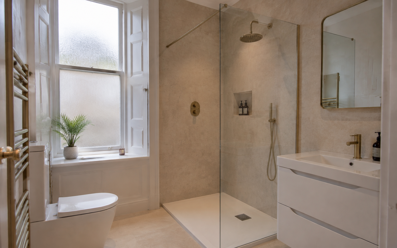Warm limestone-effect wet wall bathroom in an Edinburgh tenement-style room