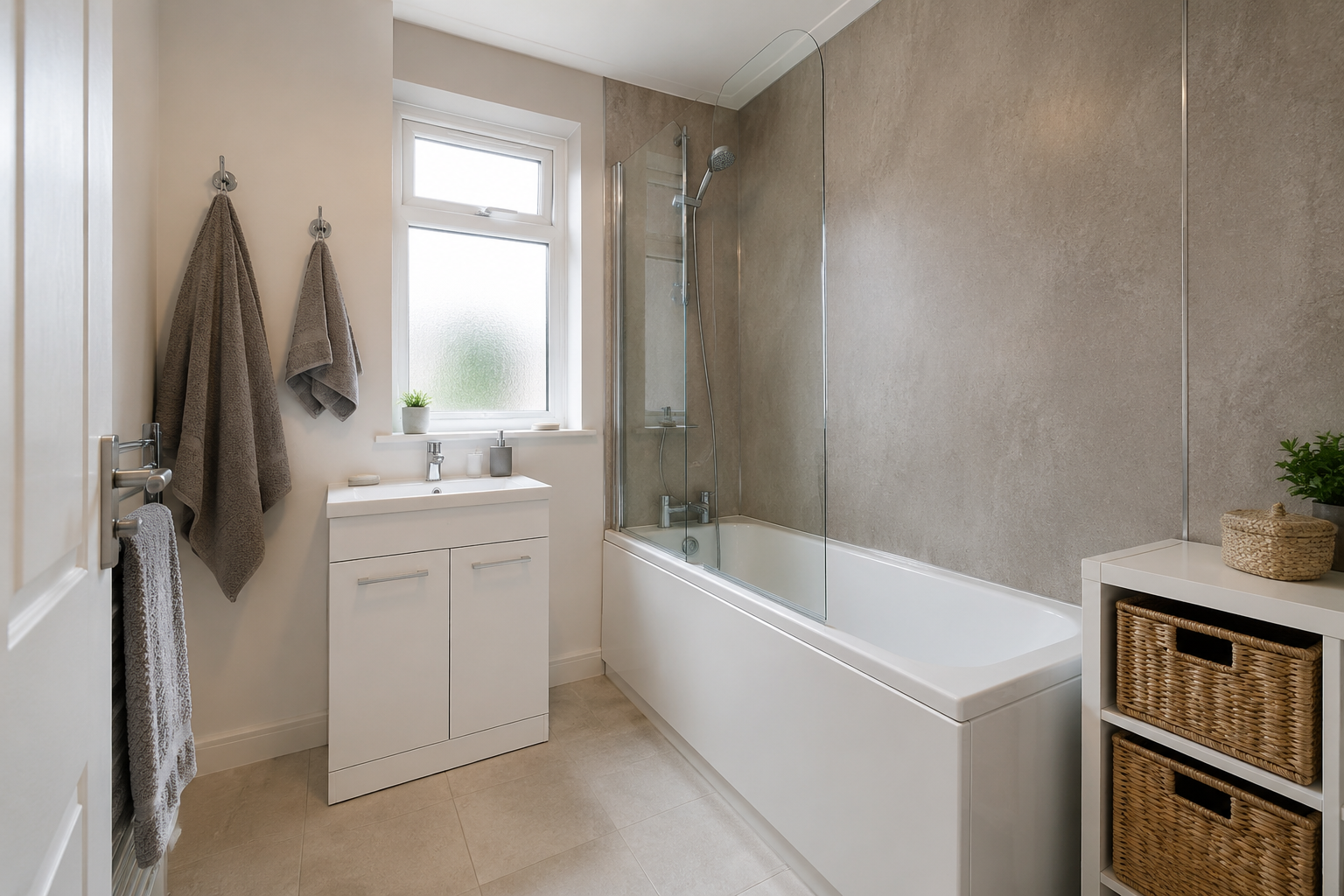 Family bathroom with a fitted bath and basket storage