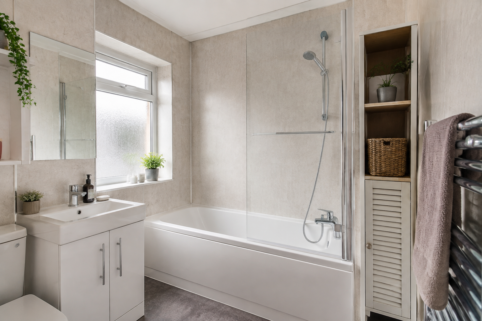 Fitted bath with pale panels and shelves