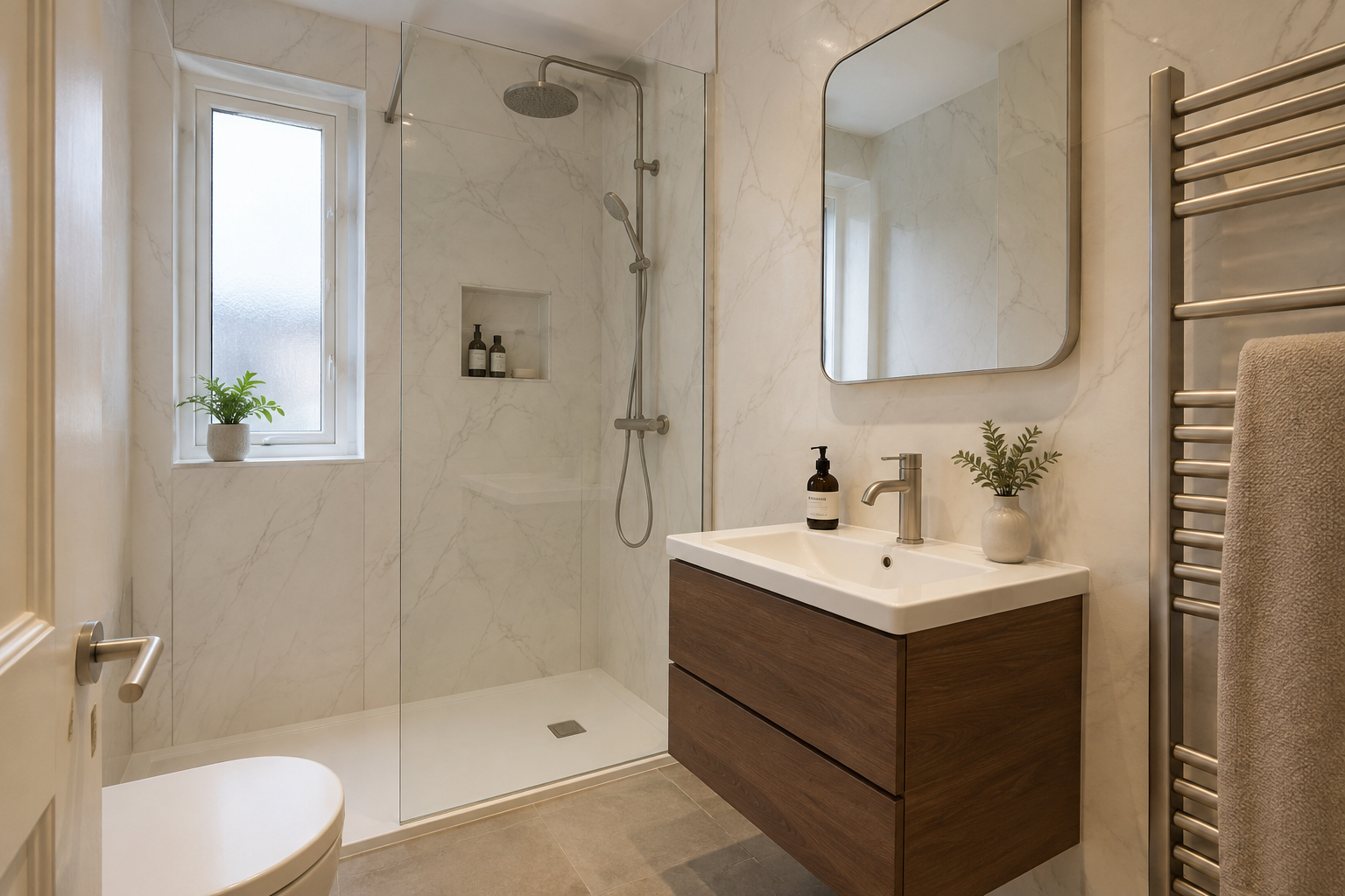 White marble-effect wet wall bathroom with a walnut vanity
