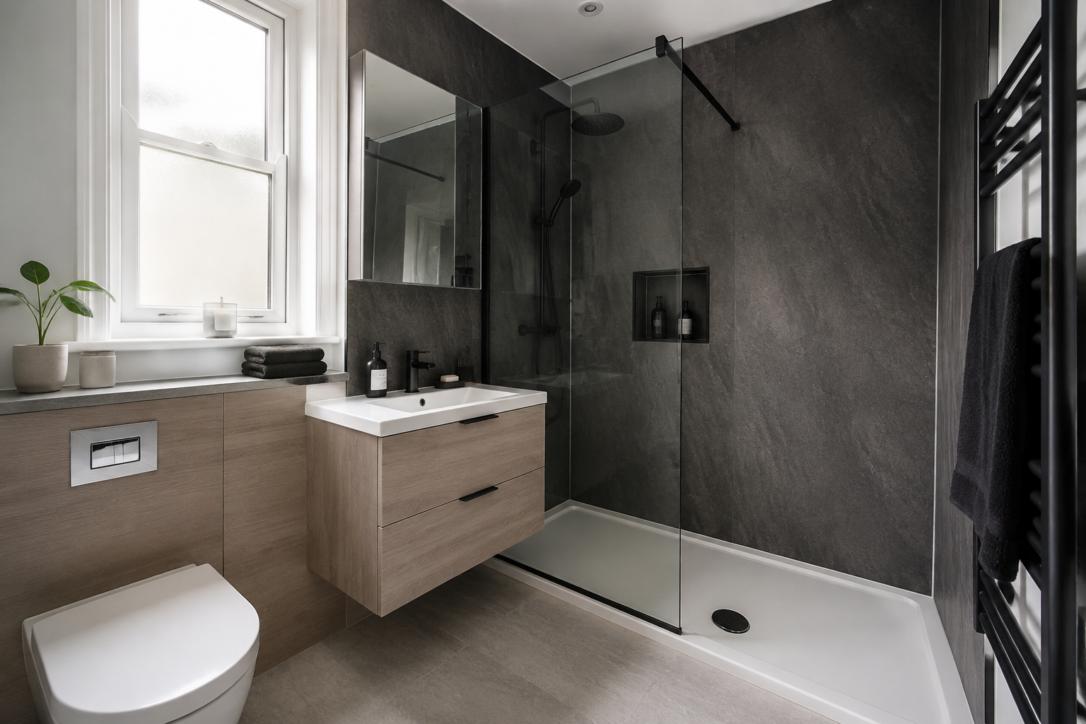 Charcoal shower panels beside a pale wood vanity