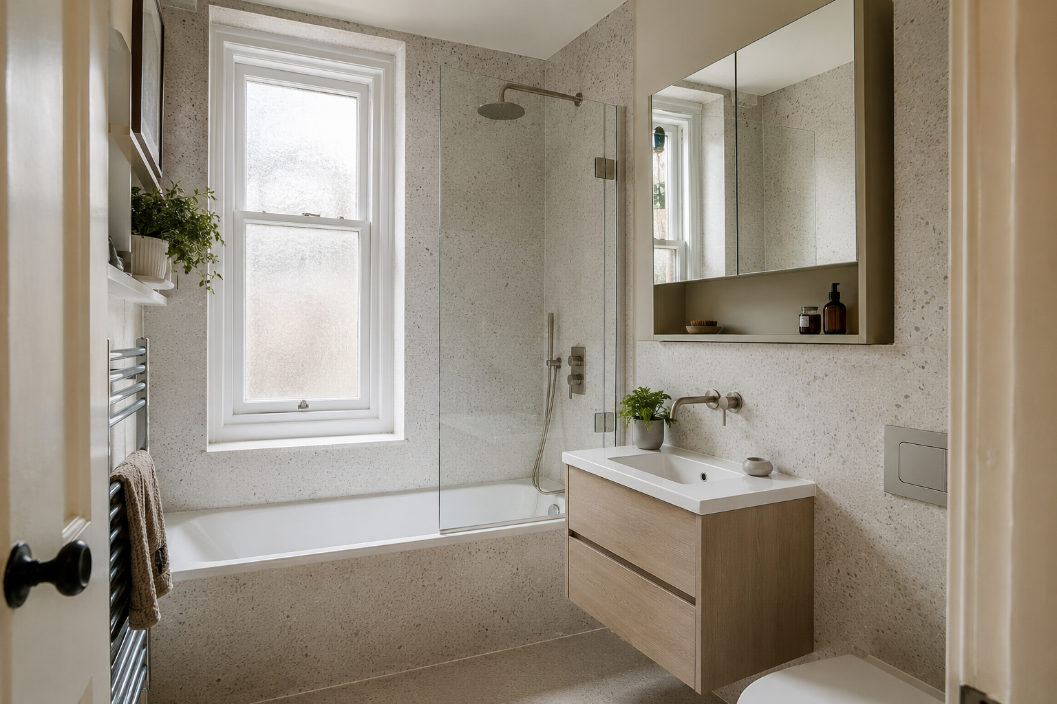 Small shower room with pale panels and a storage mirror