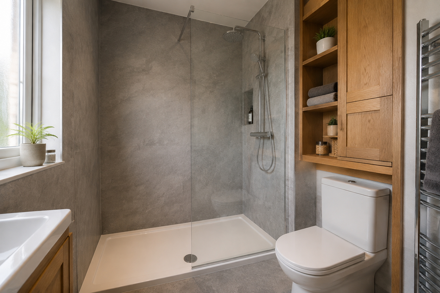 Grey stone shower panels with tall wooden storage