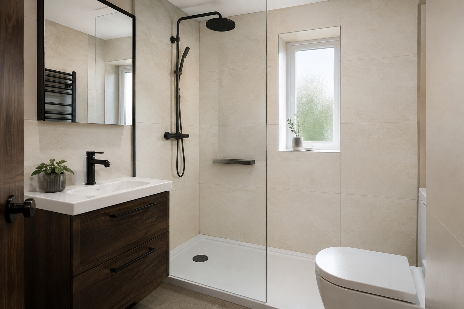 Pale panelled shower with a black screen and taps