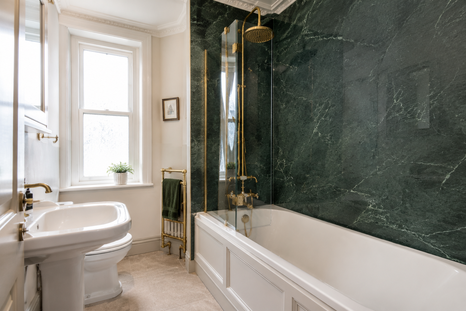Green marble-effect panels around a fitted bath