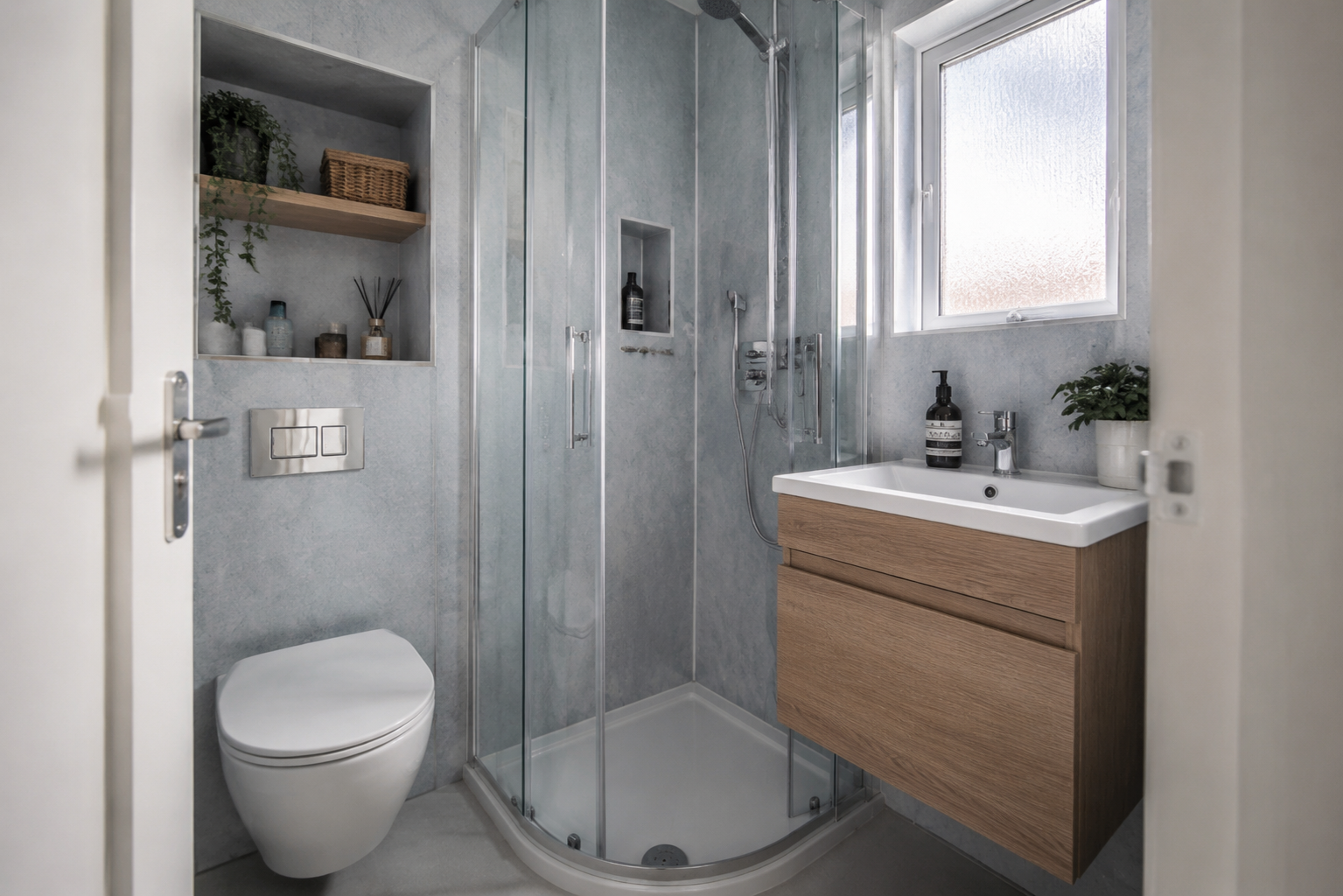 Blue-grey shower panels in a compact en-suite