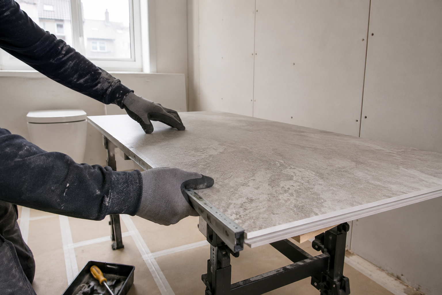 A bathroom panel being measured before cutting