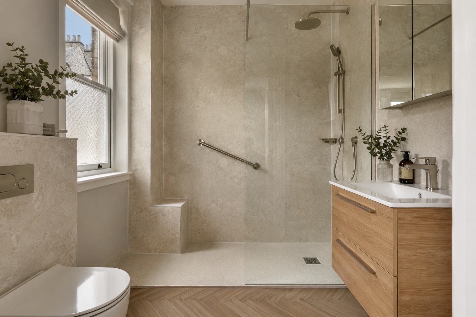 Walk-in shower with a support rail and recessed shelf